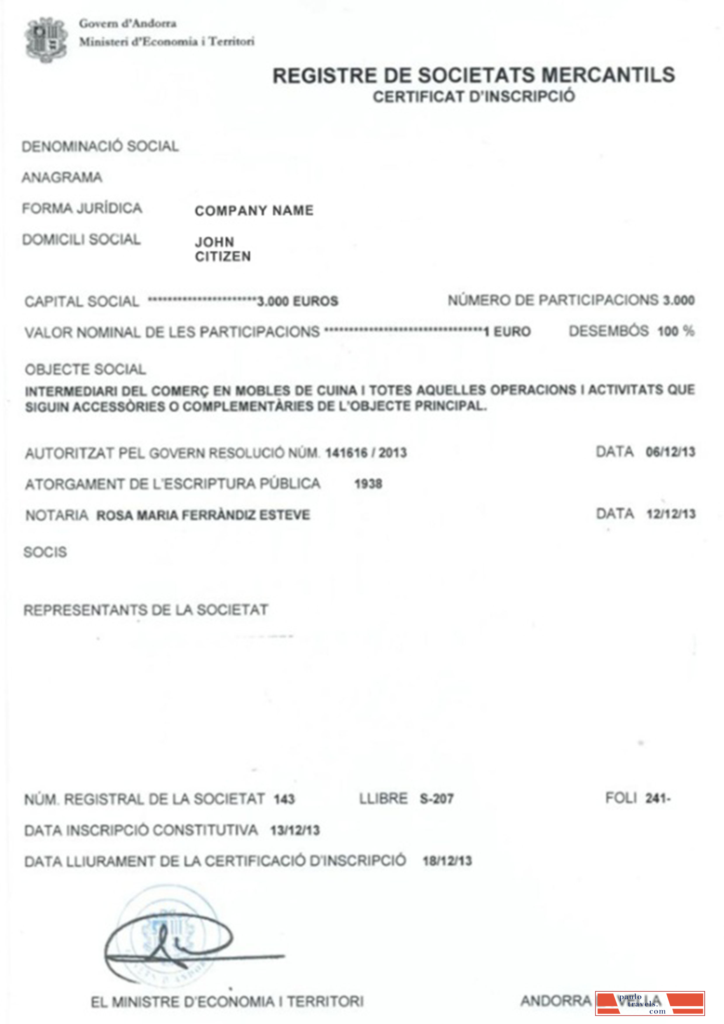 Andorra Business Registration Certificate